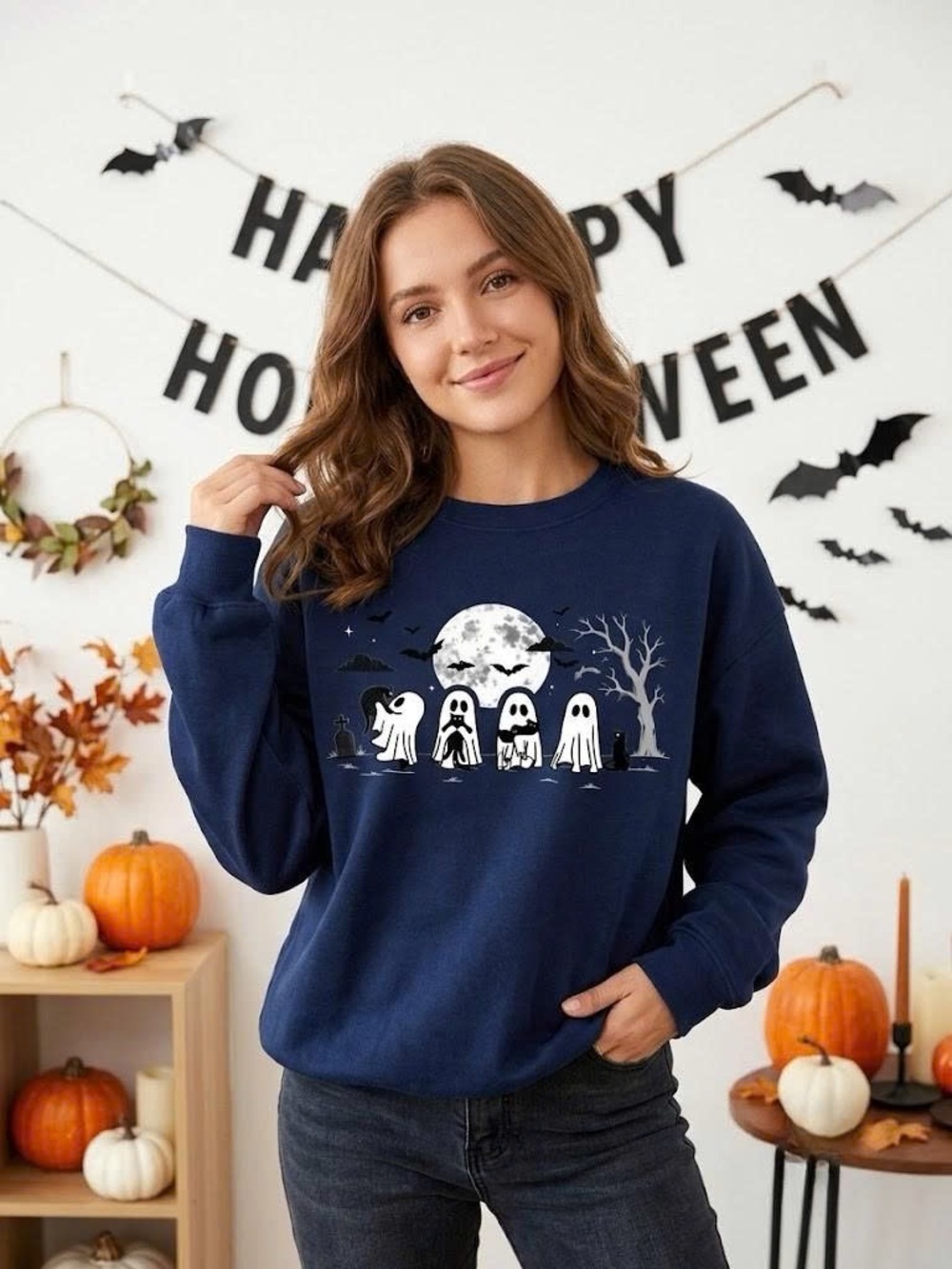 Cute Ghost Cat Halloween Sweatshirt Spooky Full Moon Graphic Crewneck Navy - Picture 2 of 6